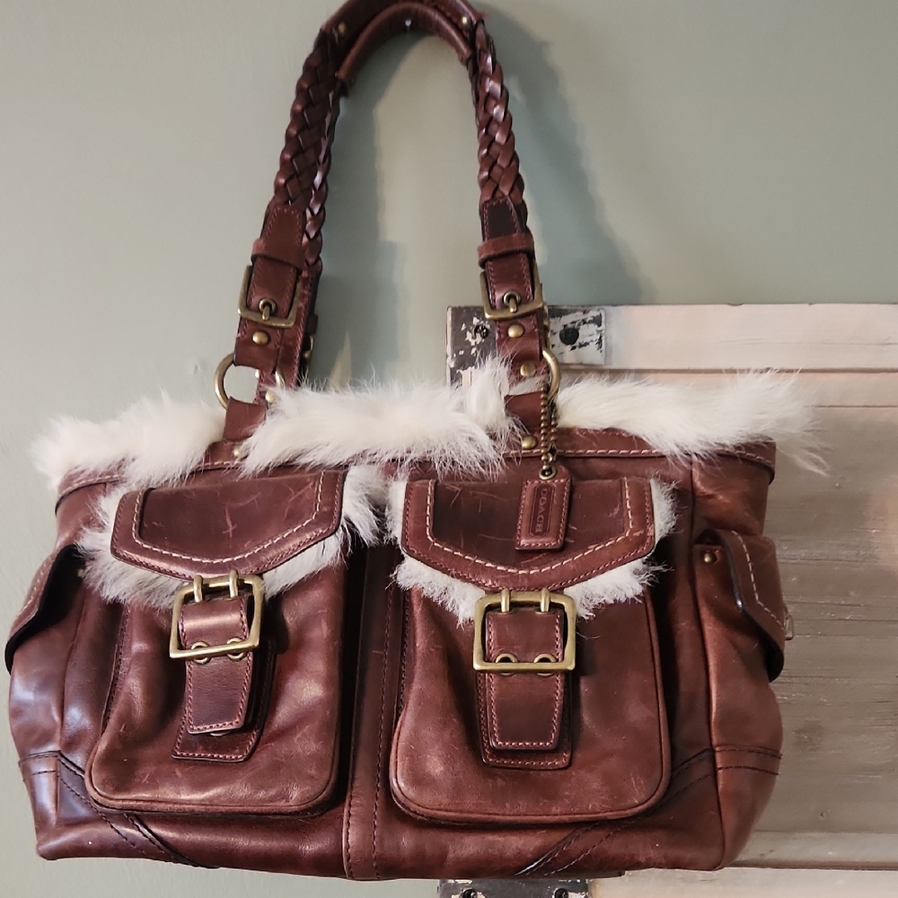 Coach Brown Leather Shoulder Bag with Faux Fur